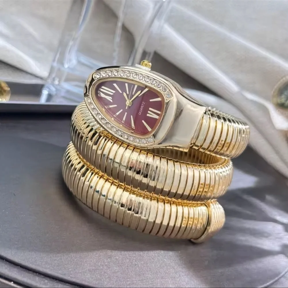 Serpenti Snake Wrap Elegant Gold Women's Watch with Burgundy Dial